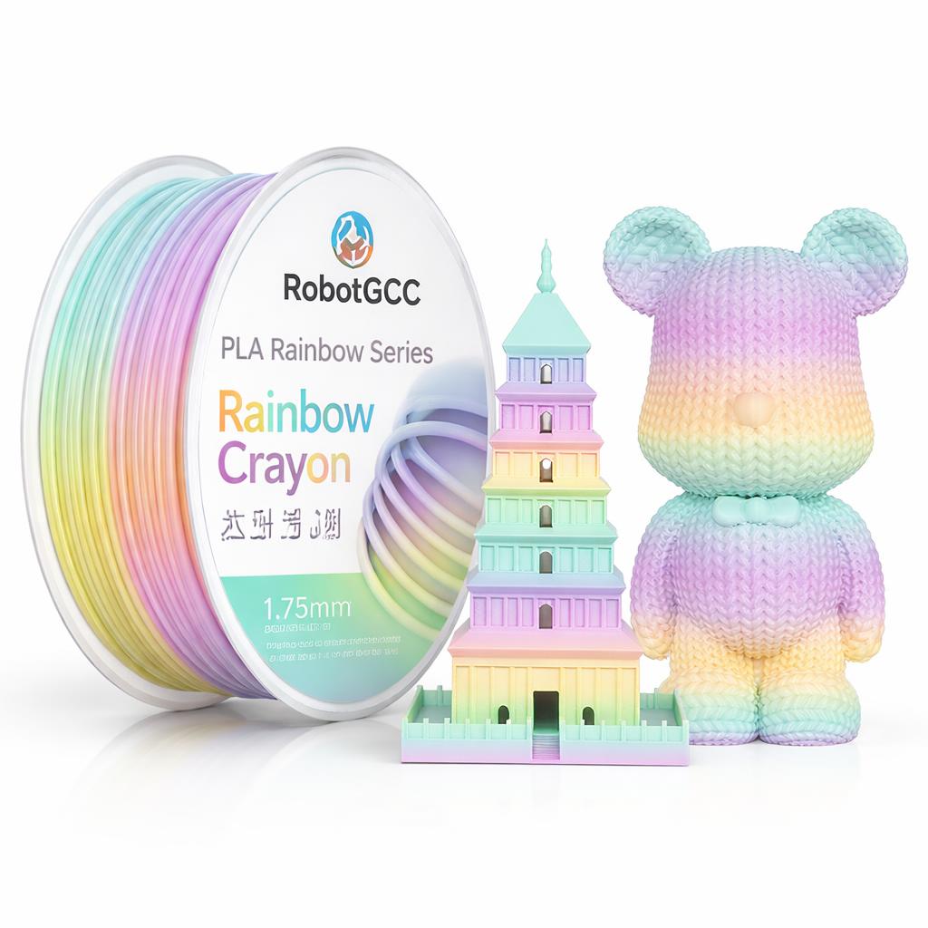Spool of Rainbow Crayon with a colorful tower model and a rainbow-colored bear figure on a white background.