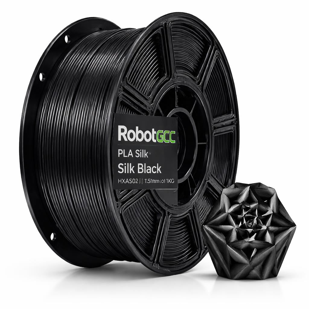Spool of RobotGCC PLA Silk Black filament with a 3D printed object on a white background