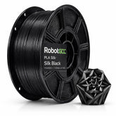 Spool of RobotGCC PLA Silk Black filament with a 3D printed object on a white background