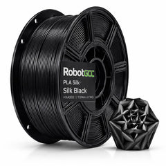 Spool of RobotGCC PLA Silk Black filament with a 3D printed object on a white background