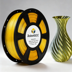 Spool of yellow 3D printing filament with a printed vase in the background