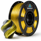 Spool of yellow 3D printing filament with RobotGCC branding on a white background
