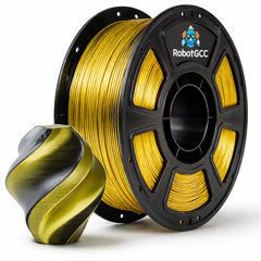 Spool of yellow 3D printing filament with RobotGCC branding on a white background