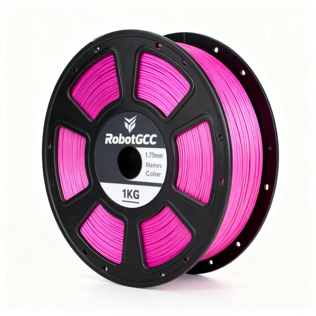 Spool of pink 3D printing filament with RobotGCC branding on a white background