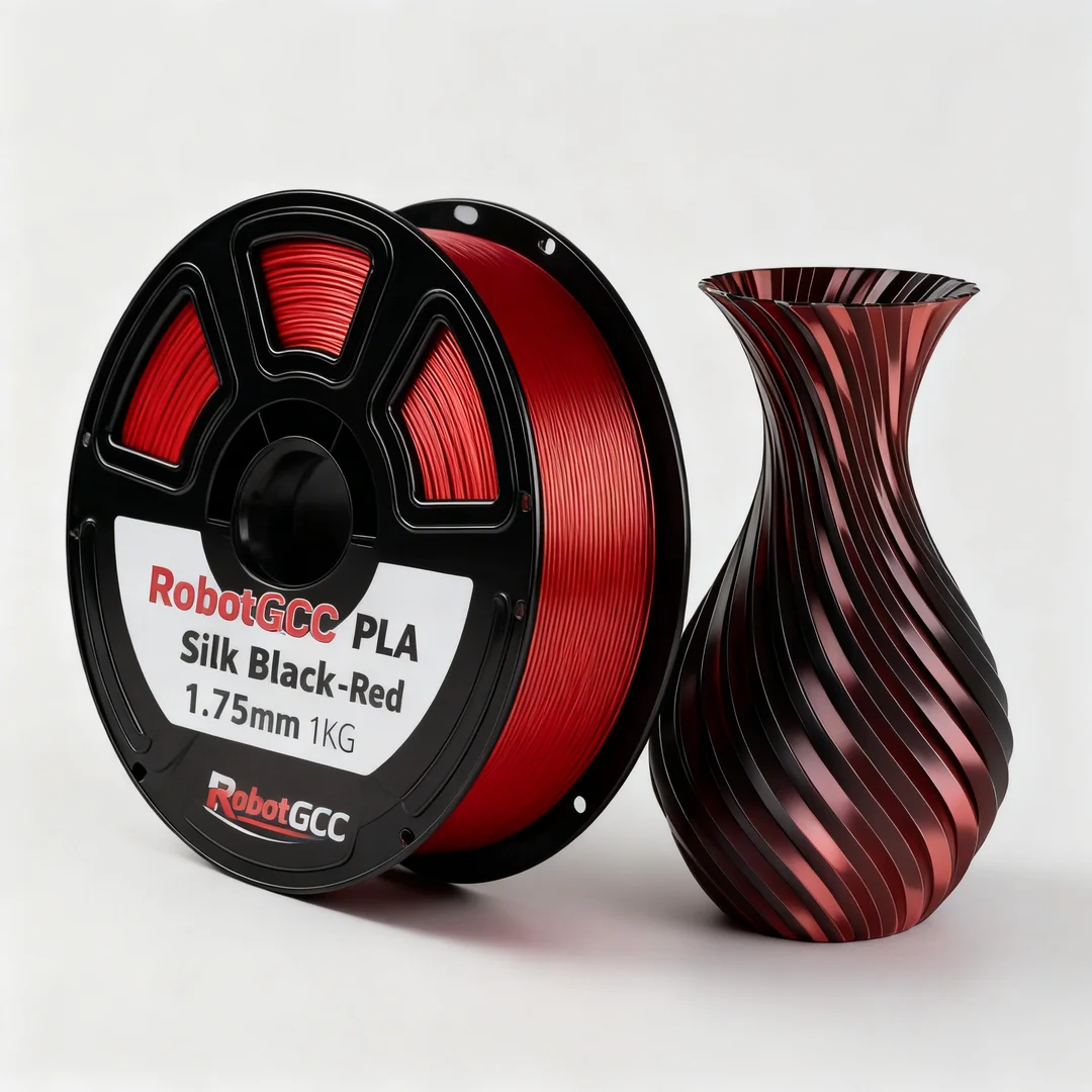 Spool of RobotGCC PLA Silk Black-Red filament next to a red and black vase on a white background