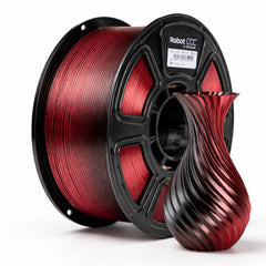 Spool of red and black 3D printing filament with a visible brand label on a white background.