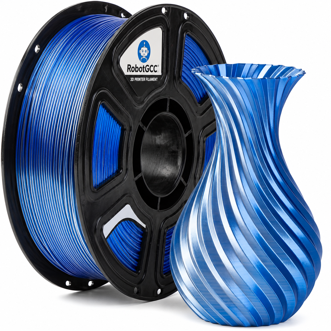 Spool of blue 3D printer filament with a printed object made from it on a white background