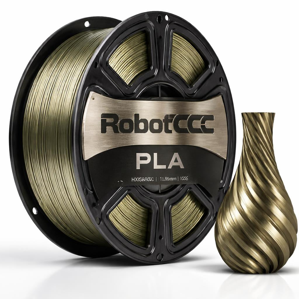 Spool of gold 3D printing filament with RobotGCC branding and a printed object.