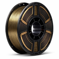 Spool of gold wire on a black reel against a white background