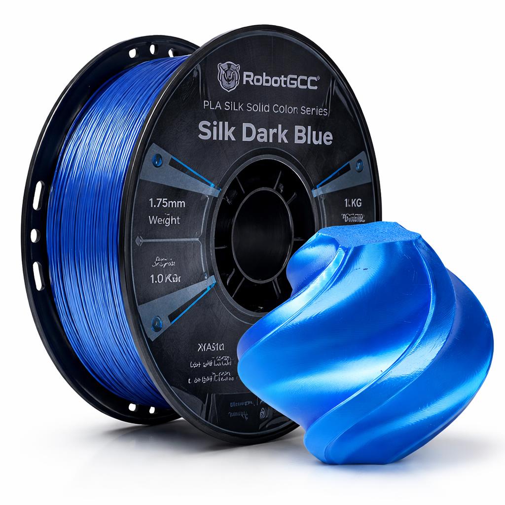 Spool of Silk Dark Blue 3D printing filament with RobotGCC branding on a white background