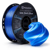 Spool of Silk Dark Blue 3D printing filament with RobotGCC branding on a white background