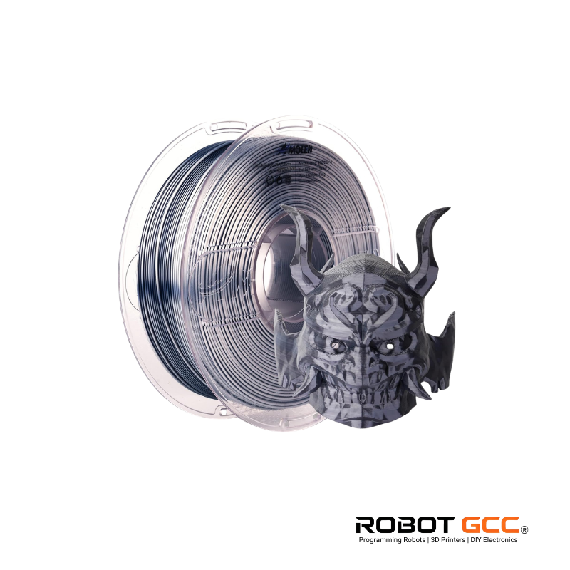 Spool of filament with a 3D printed helmet model on a white background, featuring the ROBOT GCC logo.