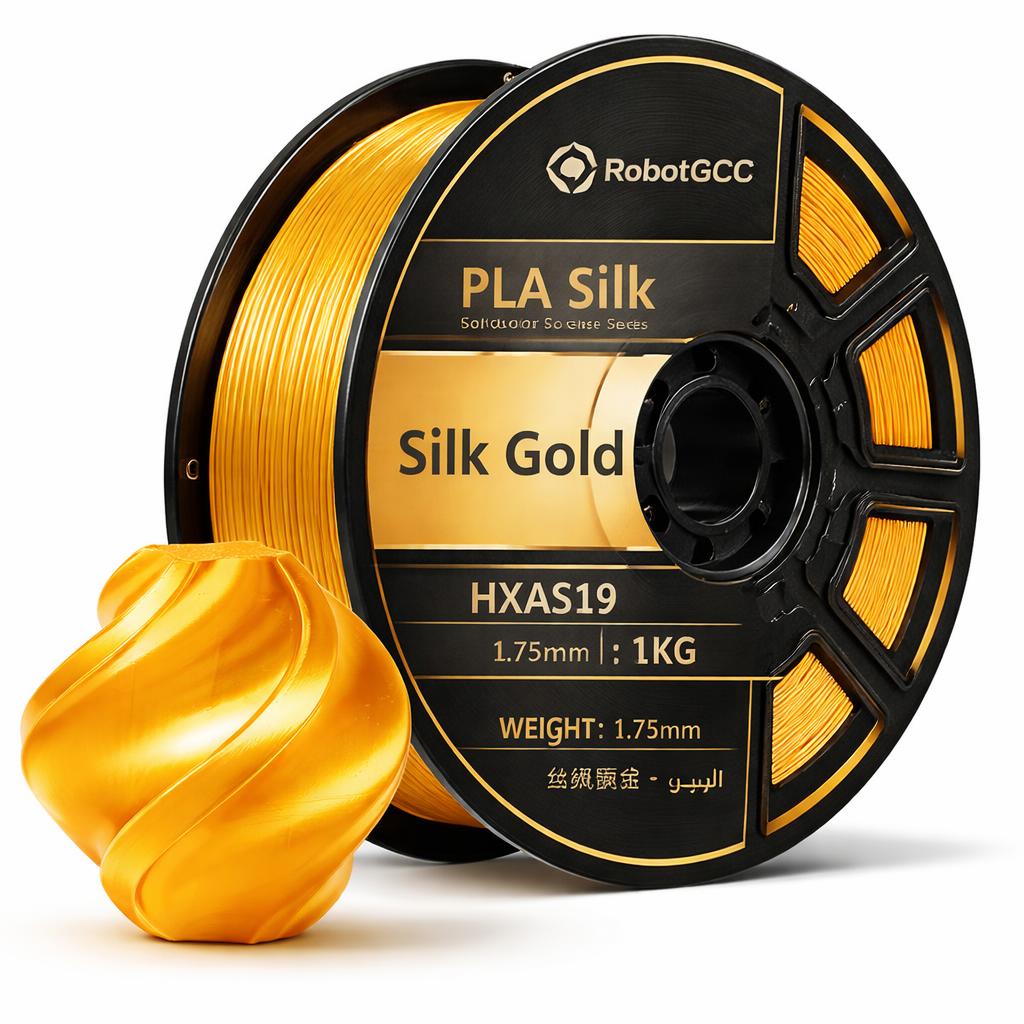 Spool of PLA Silk filament labeled 'Silk Gold' with 'RobotGCC' branding on a white background.