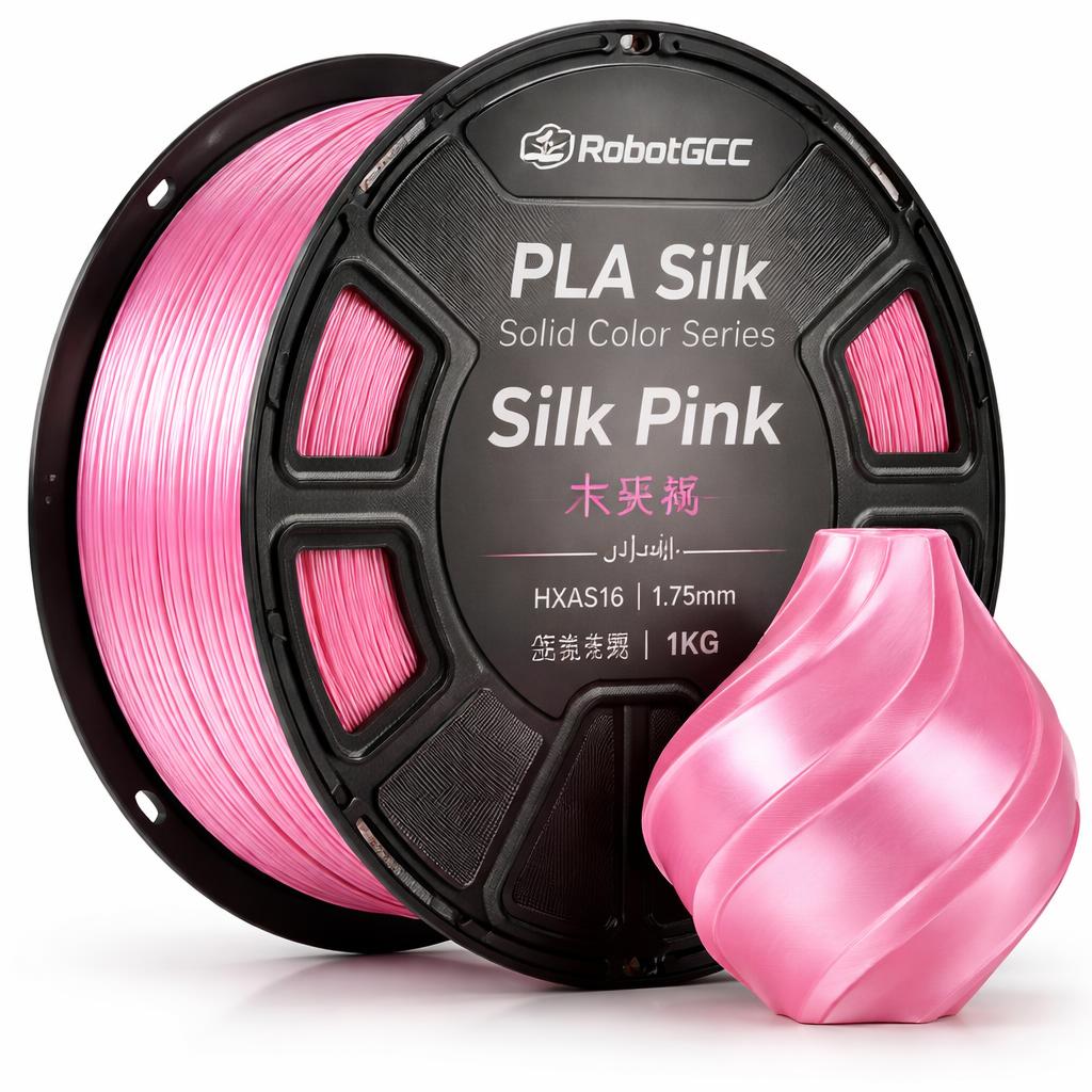 Spool of pink PLA silk filament with a small pink sample on a white background, branded as RobotGCC.