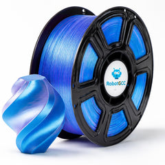 Spool of blue filament with RobotGCC logo on a white background