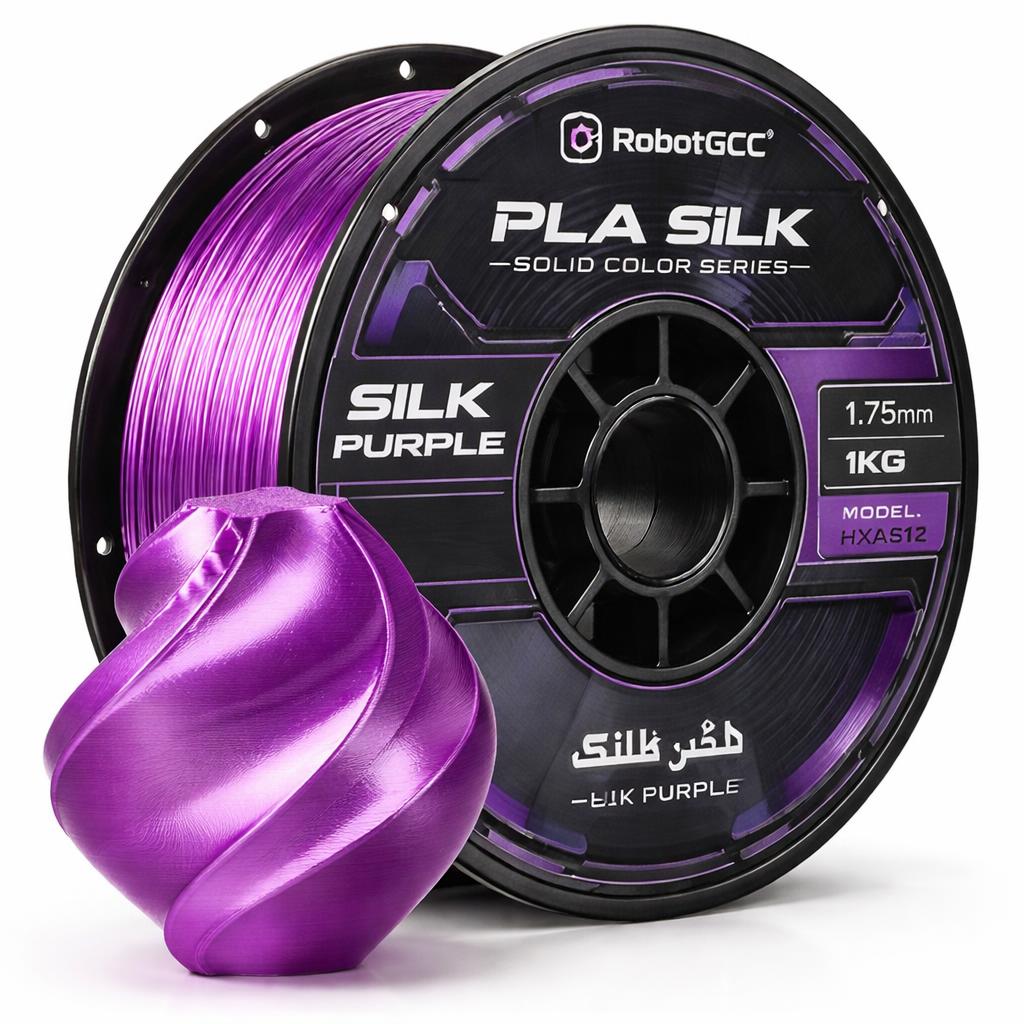 Spool of purple PLA silk filament with 'RobotGCC' branding on a white background