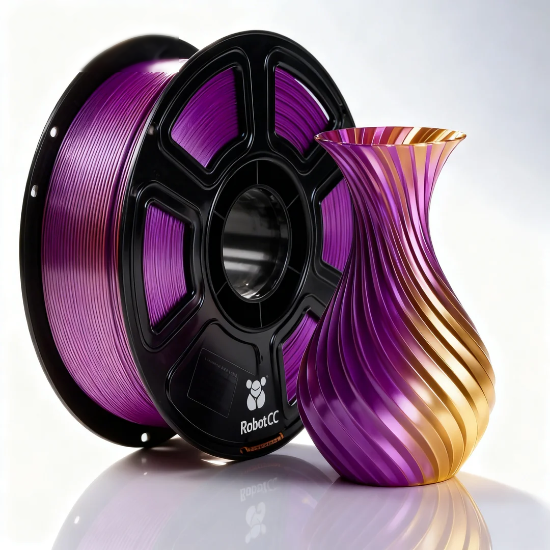 Spool of purple and gold 3D printing filament next to a purple and gold 3D printed vase on a white background