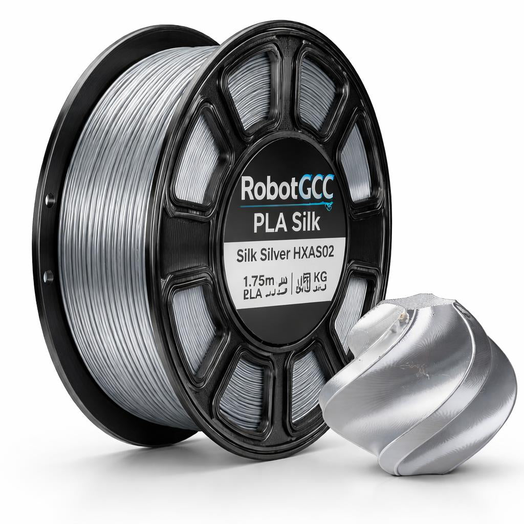 Spool of RobotGCC PLA Silk filament with a smaller spool on a white background
