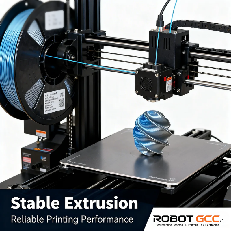 3D printer with blue filament and a printed object, featuring 'Stable Extrusion' text and ROBOTGCC logo.