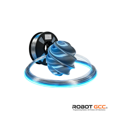 Spool of blue filament with a black spool on a white background, featuring the Robot GCC logo.