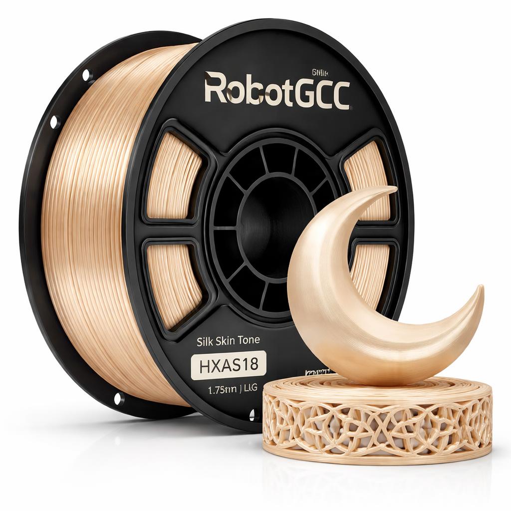 Spool of RobotGCC 3D printing filament with a printed crescent moon sculpture.