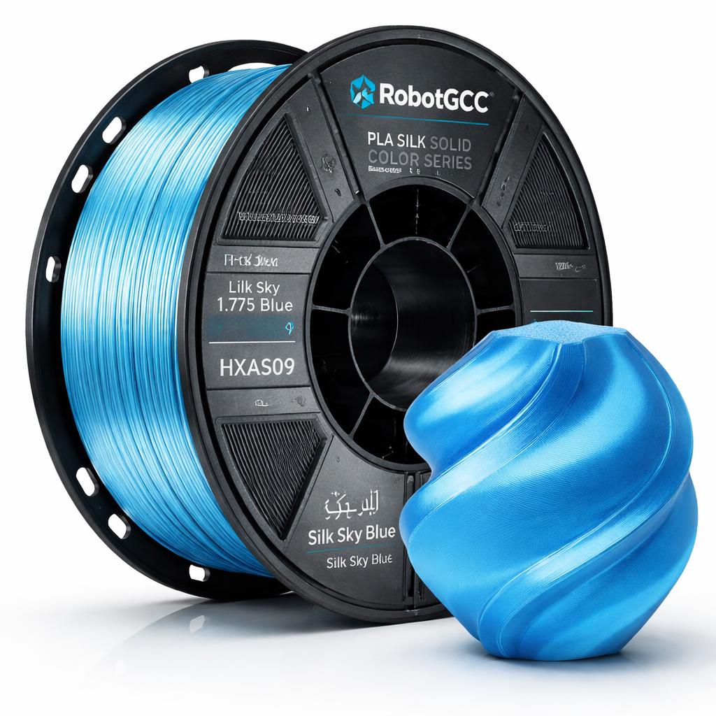 Spool of blue 3D printing filament with 'RobotGCC' branding on a white background