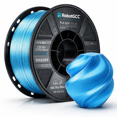 Spool of blue 3D printing filament with 'RobotGCC' branding on a white background