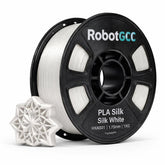 Spool of RobotGCC PLA Silk White filament with a 3D printed object on a white background
