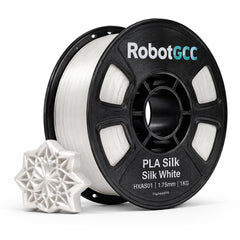 Spool of RobotGCC PLA Silk White filament with a 3D printed object on a white background