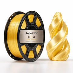 Spool of RobotGCC PLA Silk Yellow filament with a 3D printed object on a white background