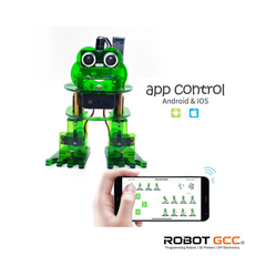 Green frog robot with app control feature on a white background