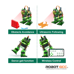Diagram showing a green frog robot with various functions like obstacle avoidance, ultrasonic following, dance gait, and wireless control.