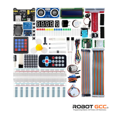 Collection of electronic components and modules on a white background with 'Robot GCC' branding.