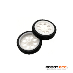 Two black and white wheels on a white background with ROBOT GCC logo.
