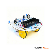 Robotics kit with wheels and electronic components on a white background, featuring the ROBOT GCC logo.