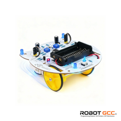 Robotics kit with wheels and electronic components on a white background, featuring the ROBOT GCC logo.