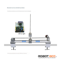 Mechanical robotic arm with control board on a white background, featuring Robot GCC branding.