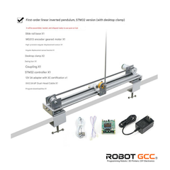 Robotics kit with linear pendulum, STM32 controller, and accessories on a white background