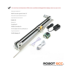 Robotics components including a linear actuator, encoder, and control board on a white background with Robot GCC branding.