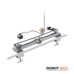 Mechanical robotic arm with components on a white background, featuring the ROBOT GCC logo.