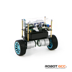 Robotic vehicle with electronic components on a white background, featuring the ROBOT GCC logo.