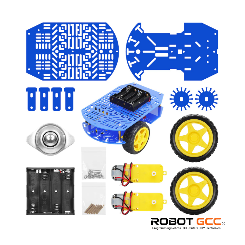 Collection of robot parts including a blue chassis, wheels, and electronic components on a white background with Robot GCC branding.