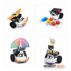 Four different robot models with colorful components on a white background, featuring the brand 'Robot GCC'.
