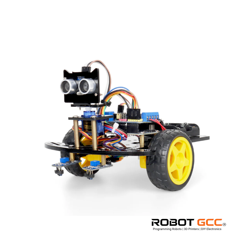 Robot chassis with wheels and electronic components on a white background, featuring the Robot GCC logo.