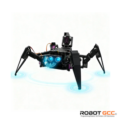 Robotic spider with glowing blue elements on a white background, featuring the ROBOT GCC logo.