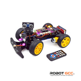 Robot chassis with yellow wheels and remote control on a white background, featuring the Robot GCC logo.