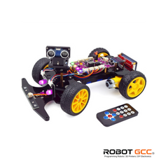 Robot chassis with yellow wheels and remote control on a white background, featuring the Robot GCC logo.