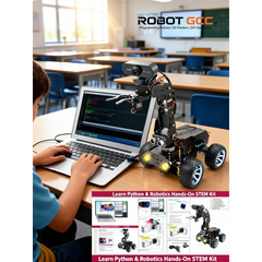 Child programming a robot with a laptop in a classroom setting, featuring ROBOT GCC branding.