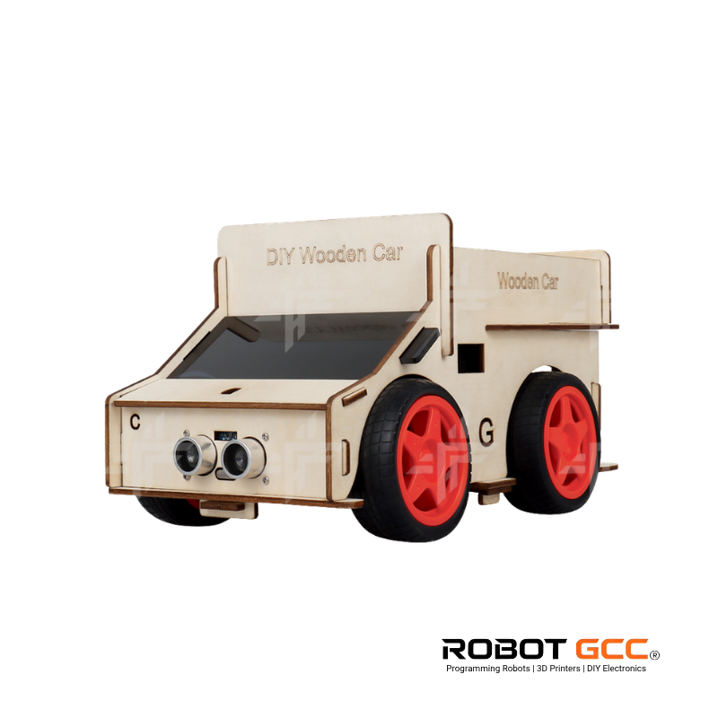 DIY wooden car kit with red wheels on a white background, featuring the brand 'Robot GCC'.