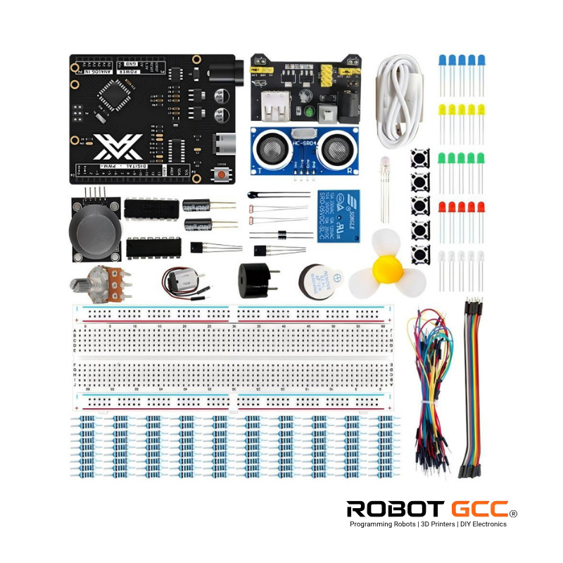 Electronic components and tools for robotics on a white background with 'Robot GCC' branding.